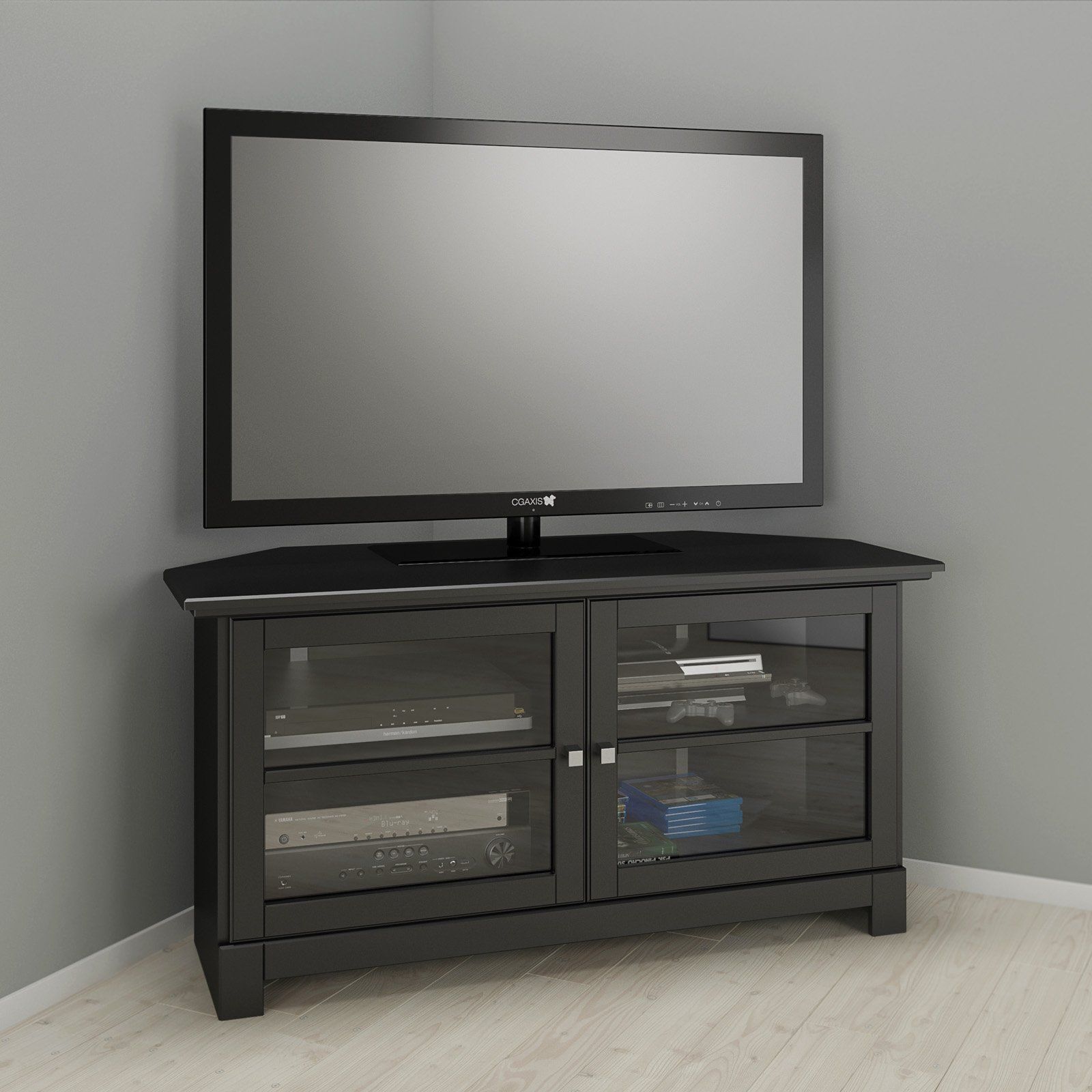 Nexera Pinnacle 49 In. 2 Door Corner Tv Stand – Black With Regard To Modern Tv Stands In Oak Wood And Black Accents With Storage Doors (Photo 2 of 15)