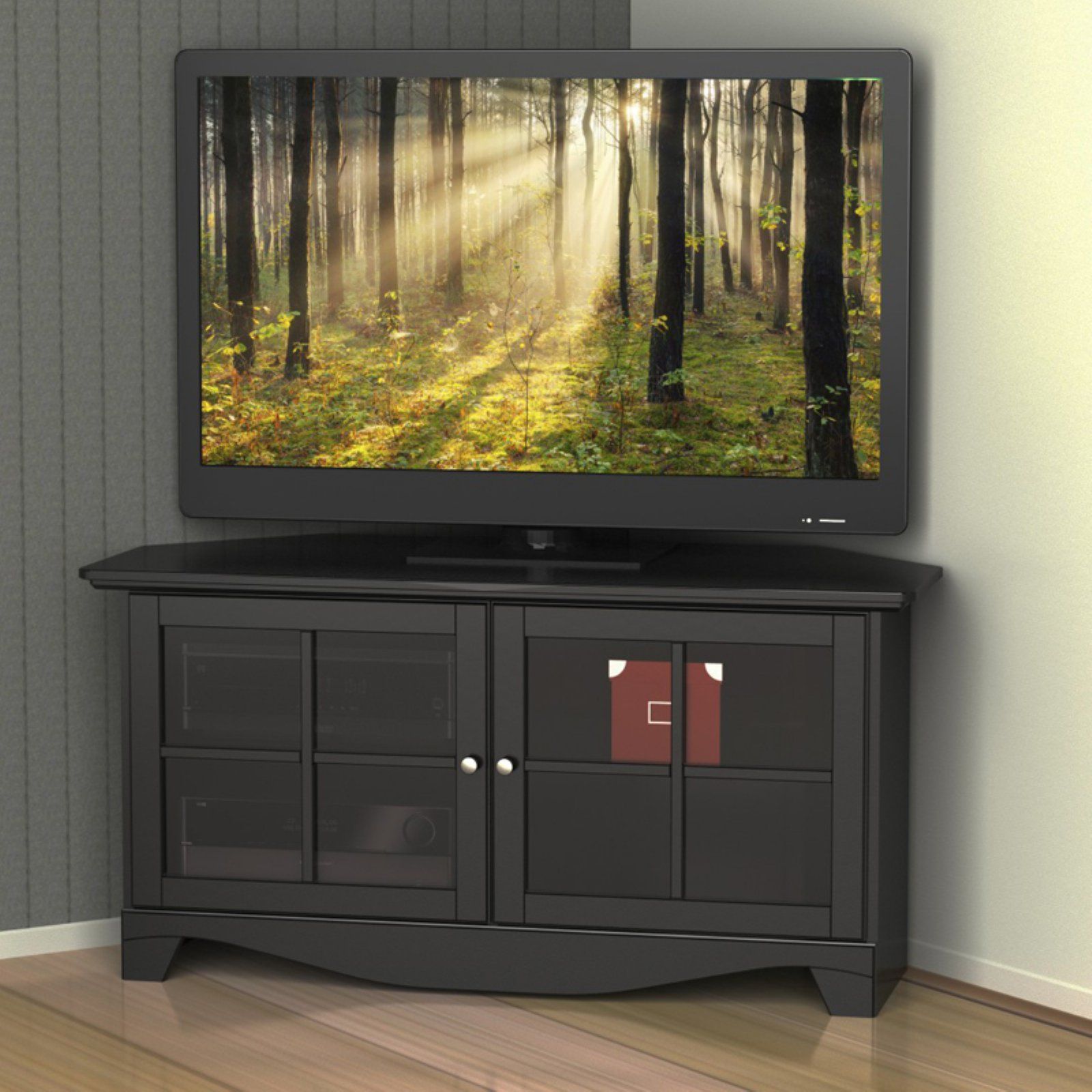 Nexera Pinnacle Black 2 Door Corner Tv Stand For Tvs Up To With Edgeware Black Tv Stands (View 5 of 15)