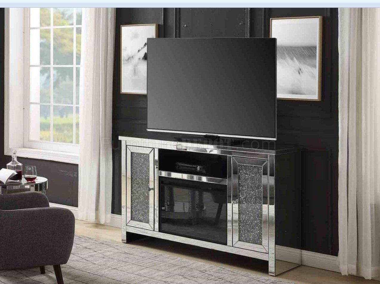 Noralie Tv Stand & Electric Fireplace 91775acme In Mirror Regarding Fitzgerald Mirrored Tv Stands (Photo 12 of 15)