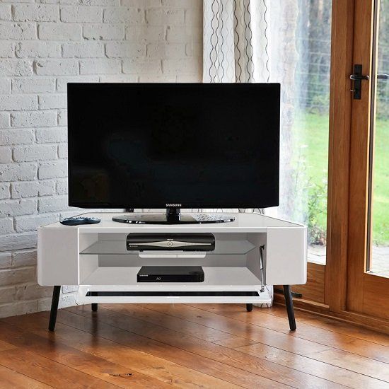 Norvik Tv Stand In White High Gloss With Glass Door 29701 For White Gloss Corner Tv Stand (View 3 of 15)