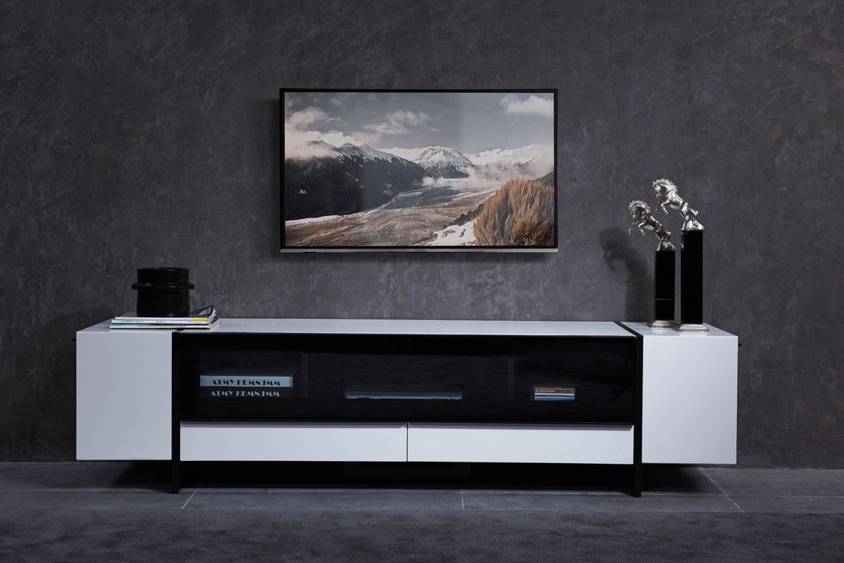 Nova Domus Lorena Modern White & Gun Metal Black Tv Stand Regarding High Glass Modern Entertainment Tv Stands For Living Room Bedroom (View 3 of 15)