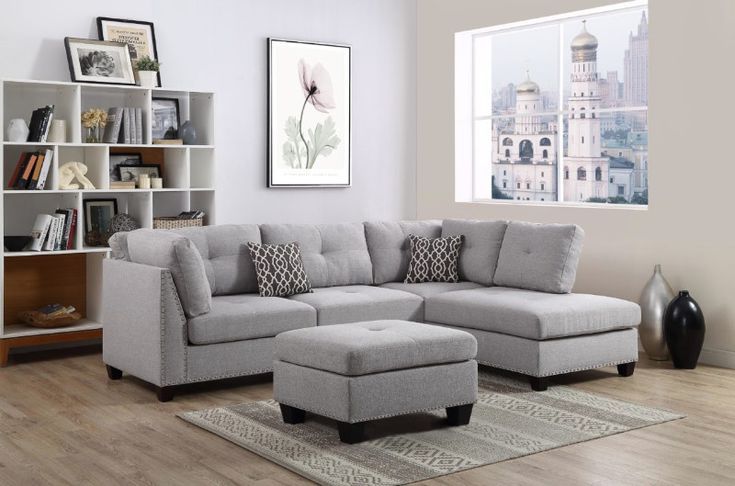 Oah D6605 3 Pc Martinique Light Gray Linen Like Fabric With Regard To 2pc Polyfiber Sectional Sofas With Nailhead Trims Gray (View 11 of 15)