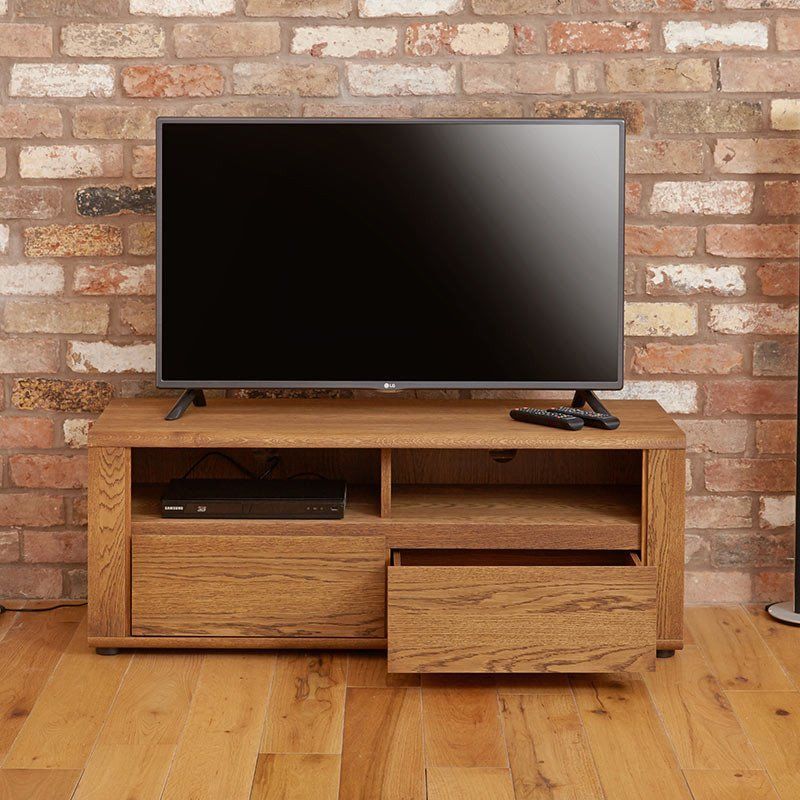 Olten – Small Oil Oak Widescreen Tv Cabinet With 2 Drawers With Regard To Oak Widescreen Tv Unit (View 11 of 15)