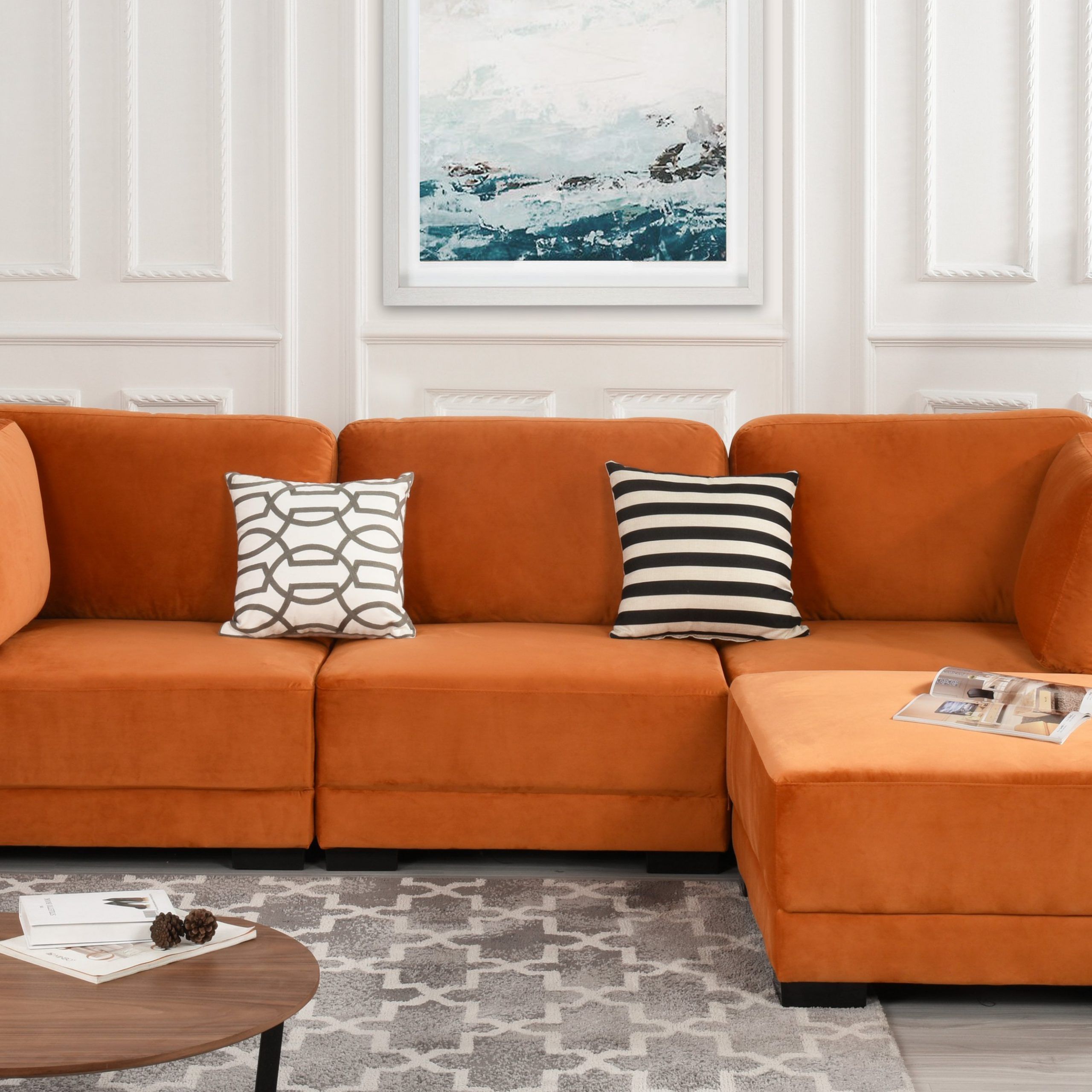 Orange Upholstered Velvet Sectional Sofa, L Shape Modern Throughout Florence Mid Century Modern Velvet Left Sectional Sofas (View 3 of 15)