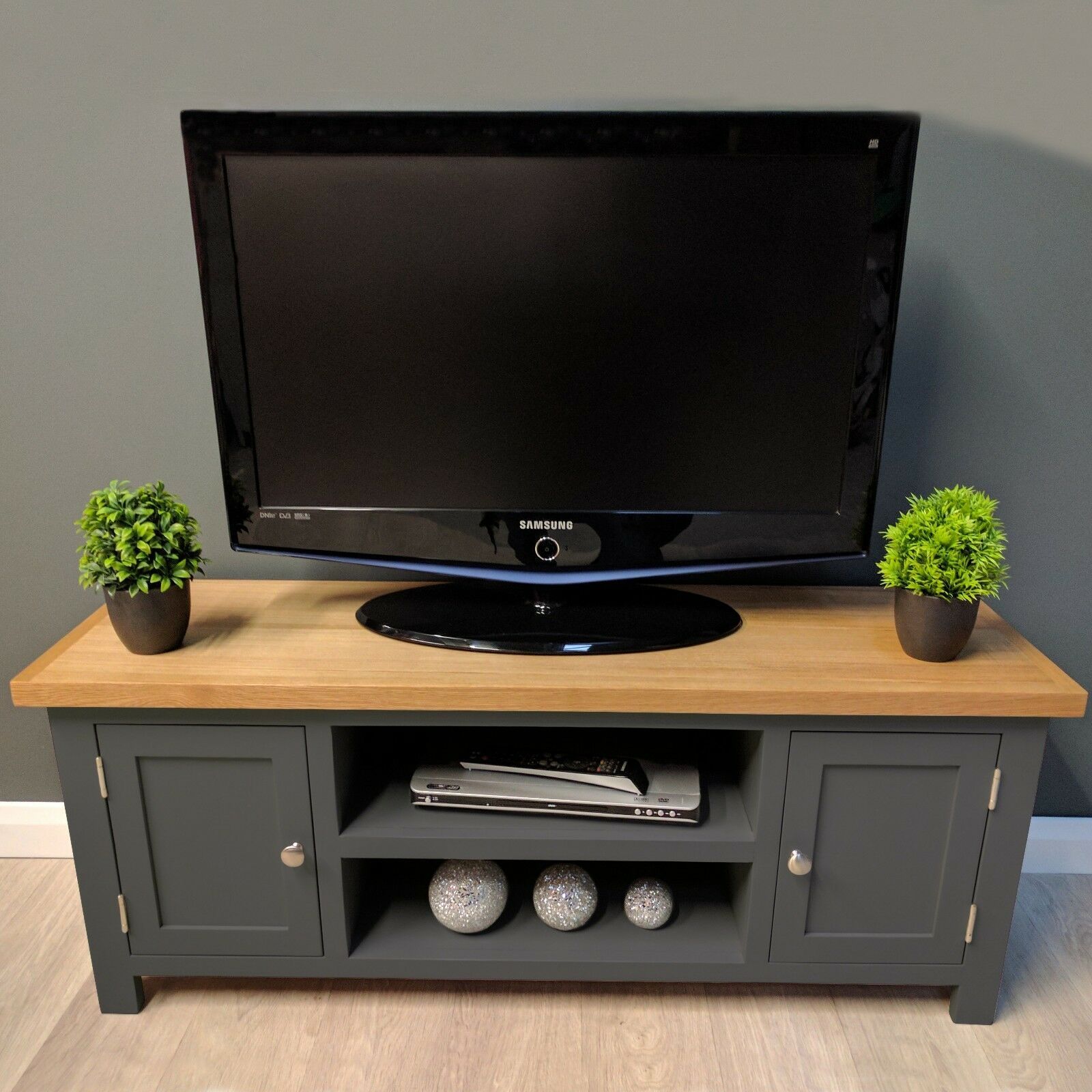 Painted Oak Tv Unit Large / Solid Wood / Dark Grey / Tv For Richmond Tv Unit Stands (View 3 of 15)