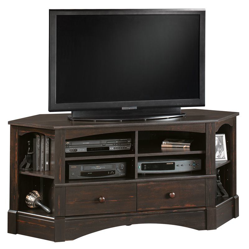 Pemberly Row Corner Tv Stand In Antiqued Black – Pr 368179 Inside Hex Corner Tv Stands (View 9 of 15)