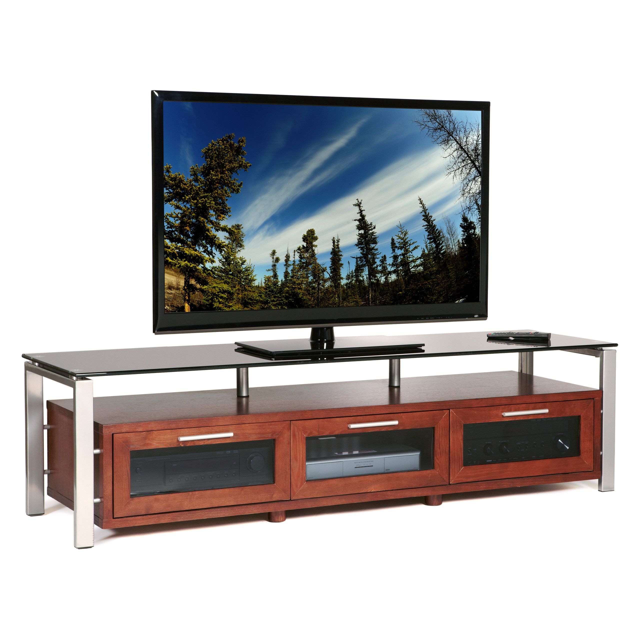 Plateau Decor 71 Inch Tv Stand In Walnut/black And Silver Inside Tv Stands Fwith Tv Mount Silver/black (View 1 of 15)