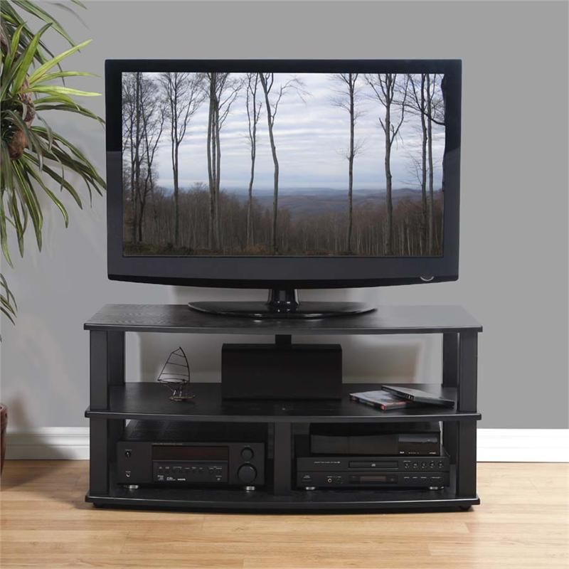 Plateau Xt Series Heavy Duty 3 Shelf Black Wood Tv Stand Intended For Mathew Tv Stands For Tvs Up To 43&quot; (View 15 of 15)