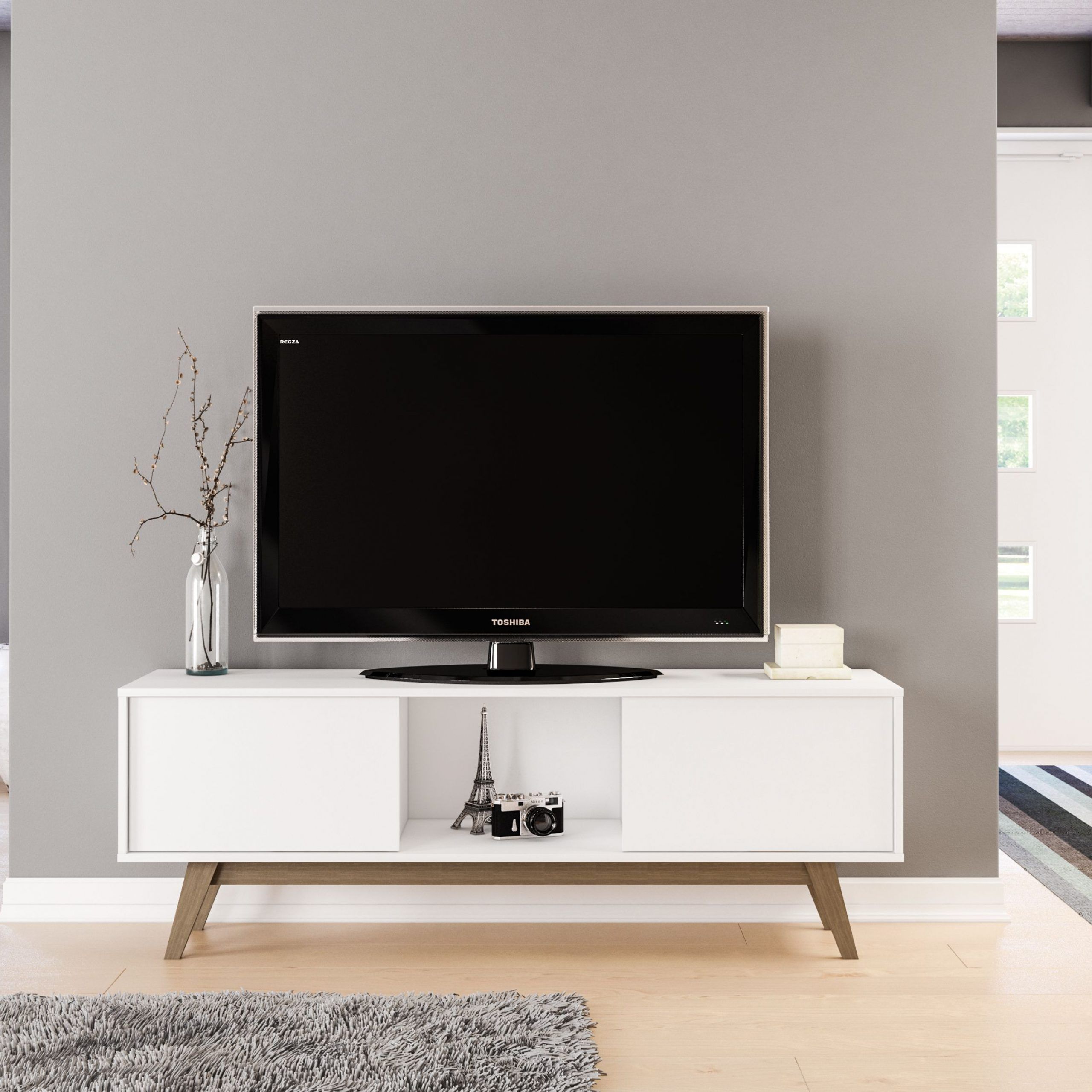Polifurniture Porto Rico 59 Inch Tv Stand, White And Light Throughout Light Brown Tv Stands (View 10 of 15)