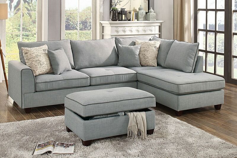 Poundex F6543 3 Pc Cleveland Light Grey Woven Fabric With Regard To Copenhagen Reversible Small Space Sectional Sofas With Storage (View 1 of 15)