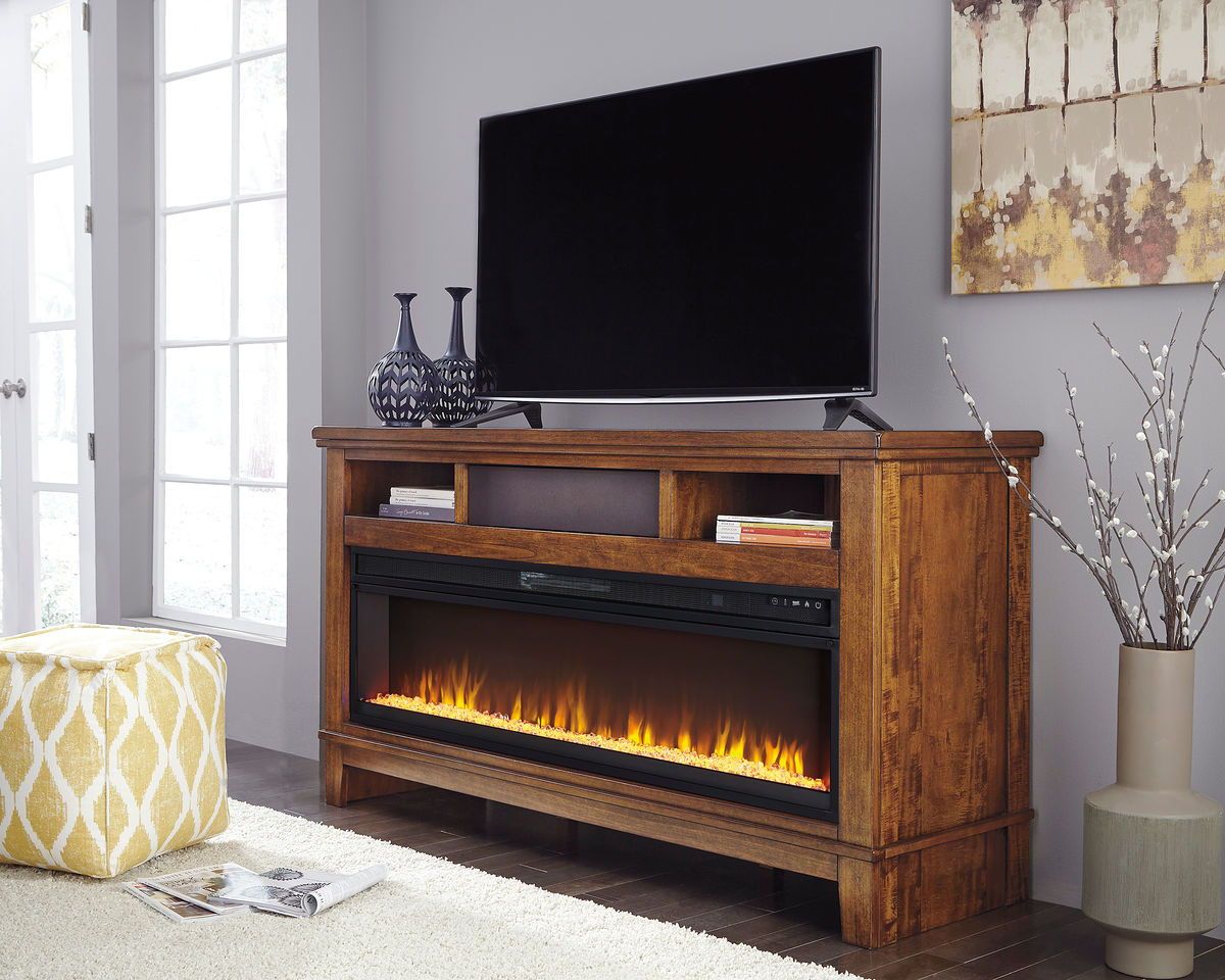 Ralene – Medium Brown – Xl Tv Stand With Wide Fireplace In Anya Wide Tv Stands (Photo 15 of 15)