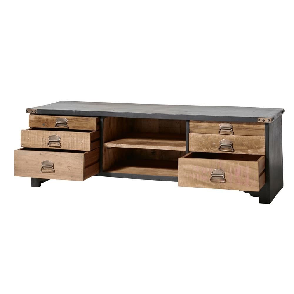 Recycled Wood And Black Mango Wood 6 Drawer Tv Cabinet In Mango Wood Tv Cabinets (Photo 1 of 15)