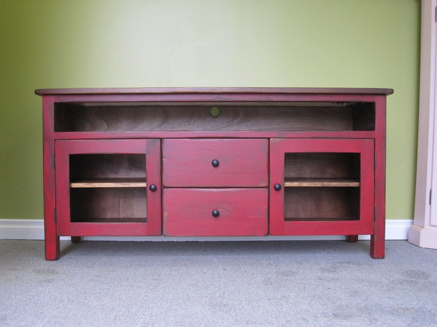 Red Tv Stand / Wooden 60 Long Tv Console / Cottage In Long Black Tv Stands (View 7 of 15)