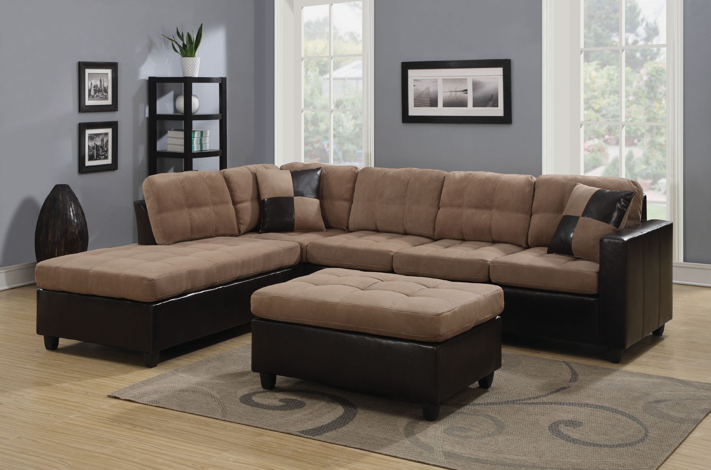 Reversible Tan Microfiber Sectional Sofa With Chaise Set Inside Clifton Reversible Sectional Sofas With Pillows (View 4 of 15)