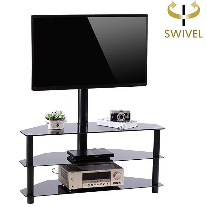 Rfiver Black Corner Floor Tv Stand With Swivel Mount Pertaining To Corner Tv Stands With Bracket (View 9 of 15)
