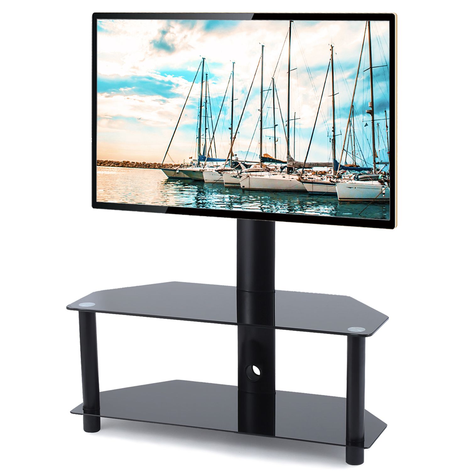 Rfiver Glass Floor Tv Stand With Swivel Mount Height With Swivel Floor Tv Stands Height Adjustable (Photo 1 of 15)