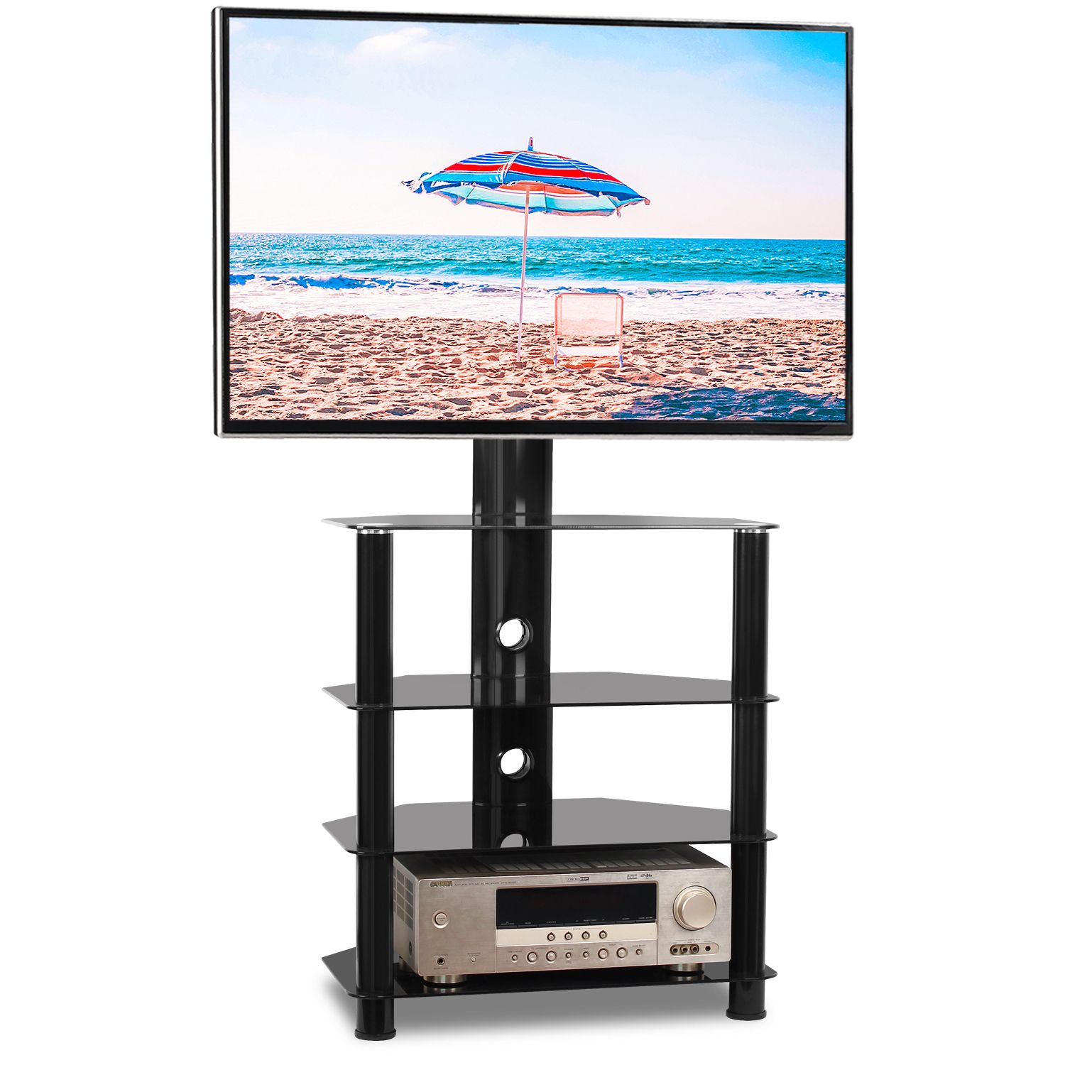 Rfiver Modern 4 Shelf Floor Corner Tv Stand For 32" 55 With Regard To Wood Tv Floor Stands (View 7 of 15)