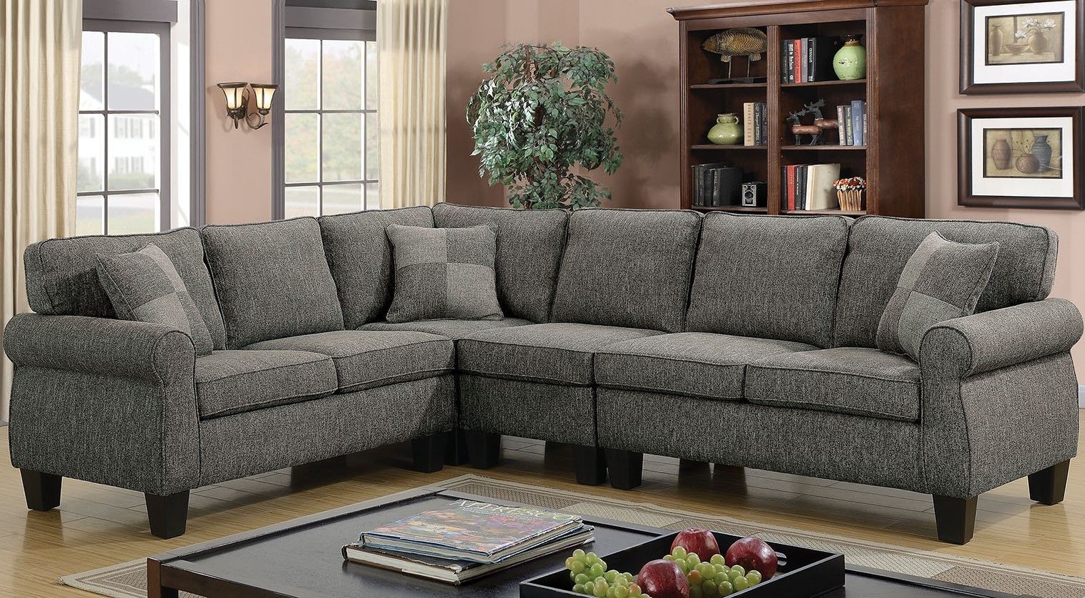 Rhian Transitional Sectional Sofa W/ Pillows In Dark Gray Intended For Sectional Sofas In Gray (Photo 15 of 15)