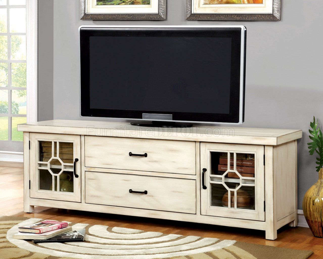 Ridley Cm5230 Tv Console In Antique Style White W/optional Throughout Alden Design Wooden Tv Stands With Storage Cabinet Espresso (View 4 of 15)