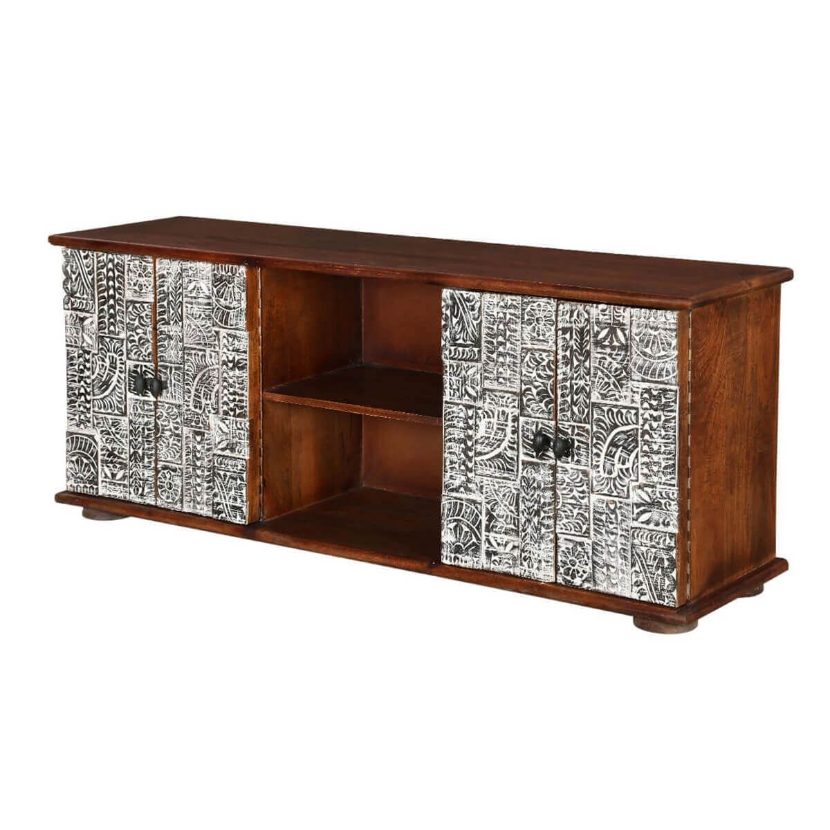 Riviera Rustic Mango Wood Tv Stand With Cabinet Shelves For Mango Wood Tv Stands (View 14 of 15)