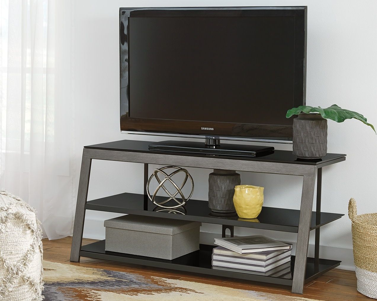 Rollynx  Black Contemporary Tv Stand  48" W326 10 – Hvl For Black Modern Tv Stands (Photo 2 of 15)