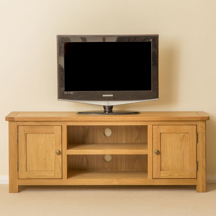 Roseland Oak Large Tv Stand / Two Door Oak Tv Cabinet With Carbon Extra Wide Tv Unit Stands (Photo 13 of 15)