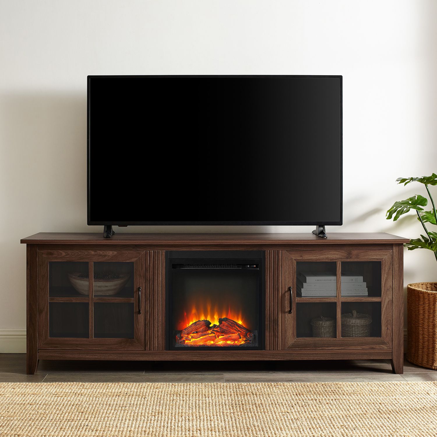 Rustic 70" Fireplace Tv Stand With Glass Doors – Pier1 Within Glass Tv Cabinets With Doors (View 8 of 15)