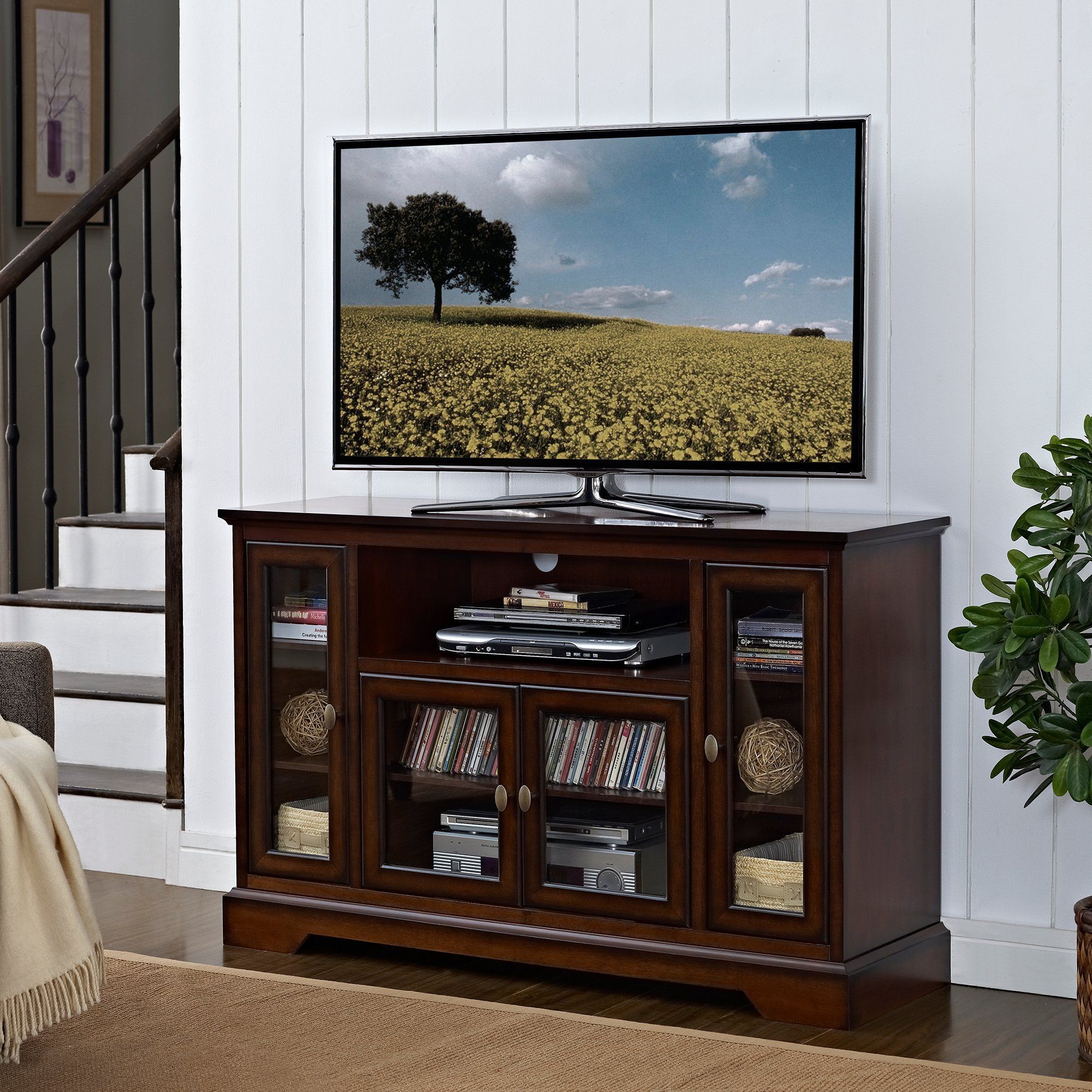 Rustic Brown Wood Tv Stand (52 Inch) | Highboy Tv Stand Intended For Modern Black Floor Glass Tv Stands For Tvs Up To 70 Inch (View 7 of 15)
