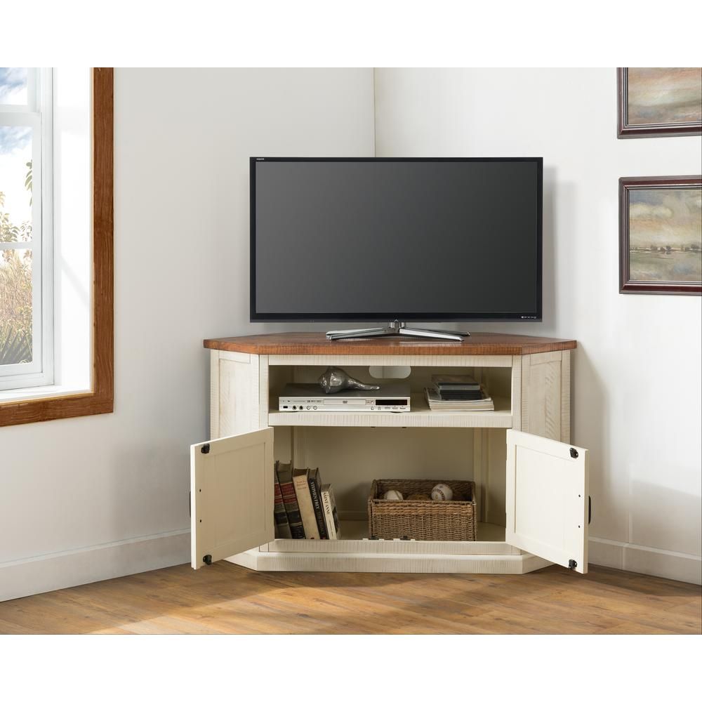 Rustic Corner Tv Stand, Antique White And Honey Intended For Rustic Corner Tv Cabinets (View 15 of 15)