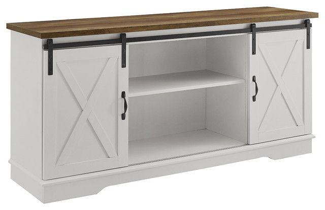 Rustic Farmhouse 70 Oak Wood Tv Stand With Glass Doors Regarding Jaxpety 58&quot; Farmhouse Sliding Barn Door Tv Stands In Rustic Gray (View 14 of 15)