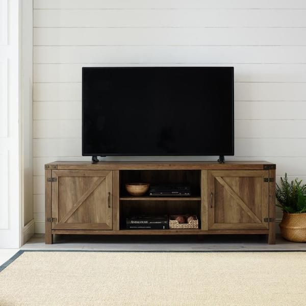 Rustic Farmhouse 70 Oak Wood Tv Stand With Glass Doors With Regard To Oak Tv Stands With Glass Doors (View 11 of 15)