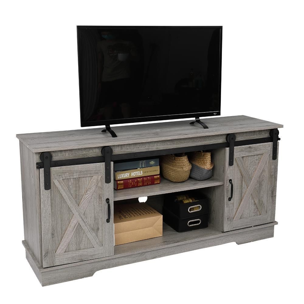 Rustic Farmhouse Sliding Barn Door Tv Stand Console Table In Modern Farmhouse Style 58&quot; Tv Stands With Sliding Barn Door (View 3 of 15)