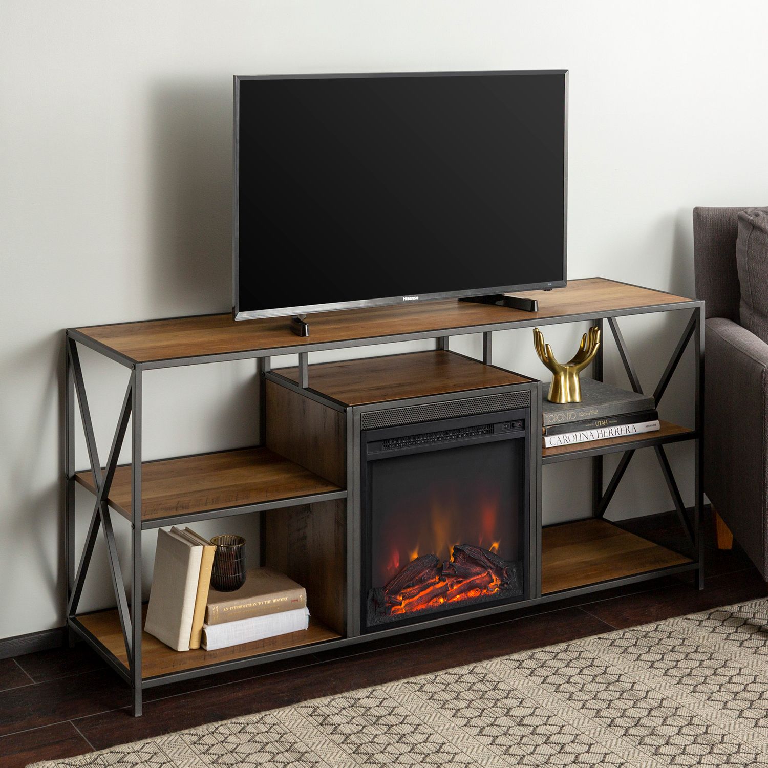 Rustic Oak Tv Stand With Fireplace – Pier1 Inside Urban Rustic Tv Stands (View 6 of 15)