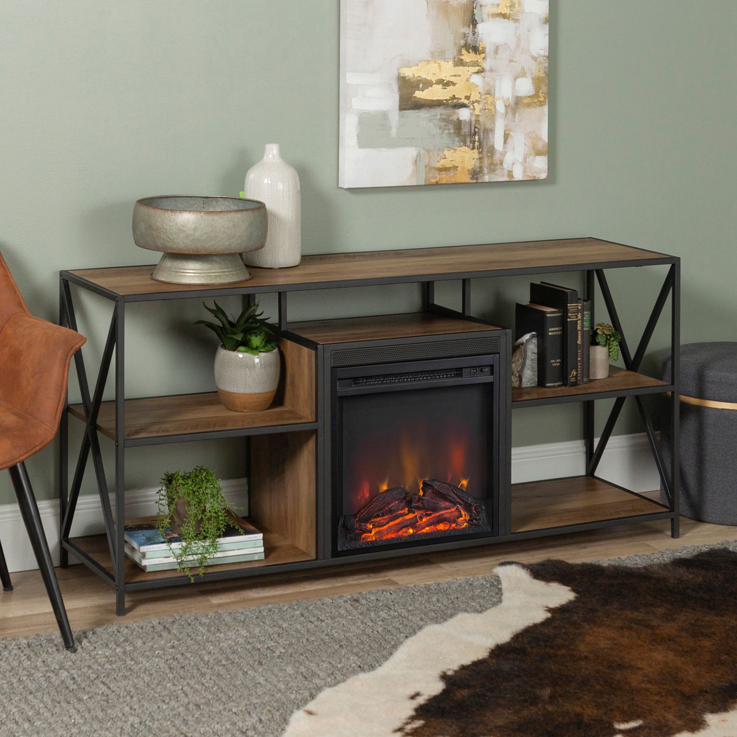 Rustic Oak Tv Stand With Fireplace – Pier1 Regarding Urban Rustic Tv Stands (View 4 of 15)