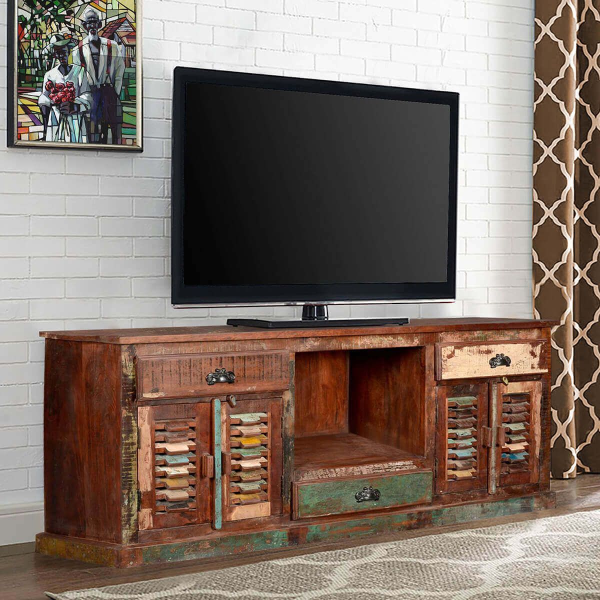 Rustic Reclaimed Wood Large Tv Stand Media Console Throughout Rustic Grey Tv Stand Media Console Stands For Living Room Bedroom (Photo 5 of 15)