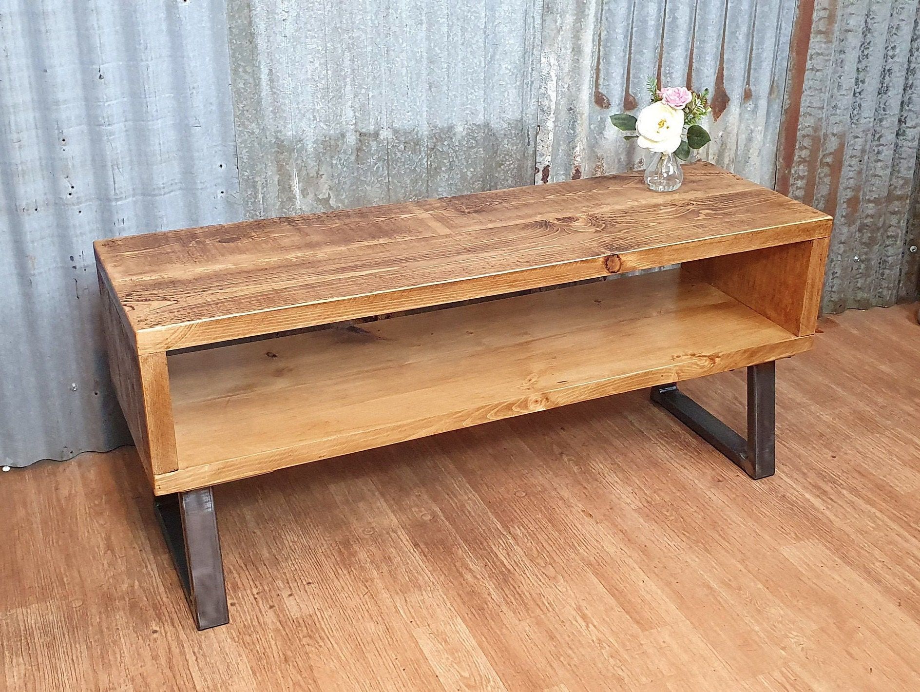 Rustic Solid Wood Tv Bench With Storage, Industrial Tv Pertaining To Industrial Tv Stands With Metal Legs Rustic Brown (View 3 of 15)