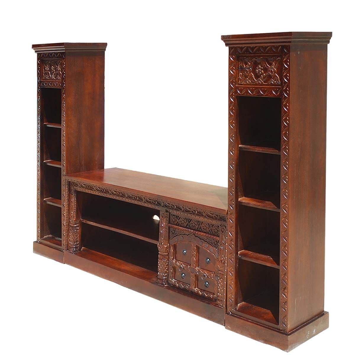 Rustic Solid Wood Twin Bookcase Media Console Tv Stand Intended For Bookshelf Tv Stands Combo (View 11 of 15)