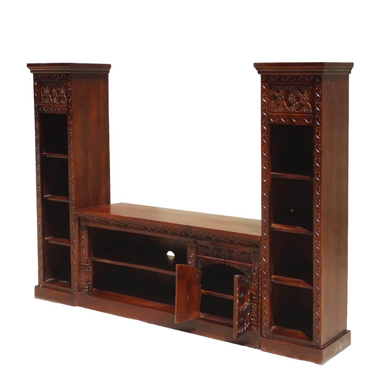 Rustic Solid Wood Twin Bookcase Media Console Tv Stand Throughout Tv Stands Bookshelf Combo (View 8 of 15)