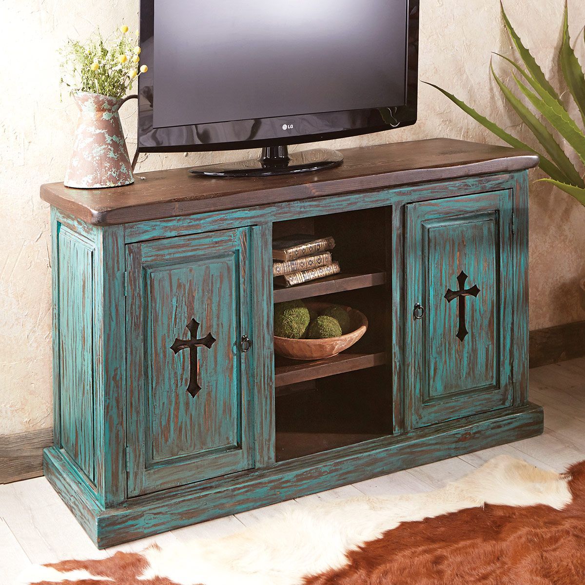 Rustic Tv Stands: Santa Fe Turquoise Cross Tv Console In Rustic Tv Stands (View 4 of 15)