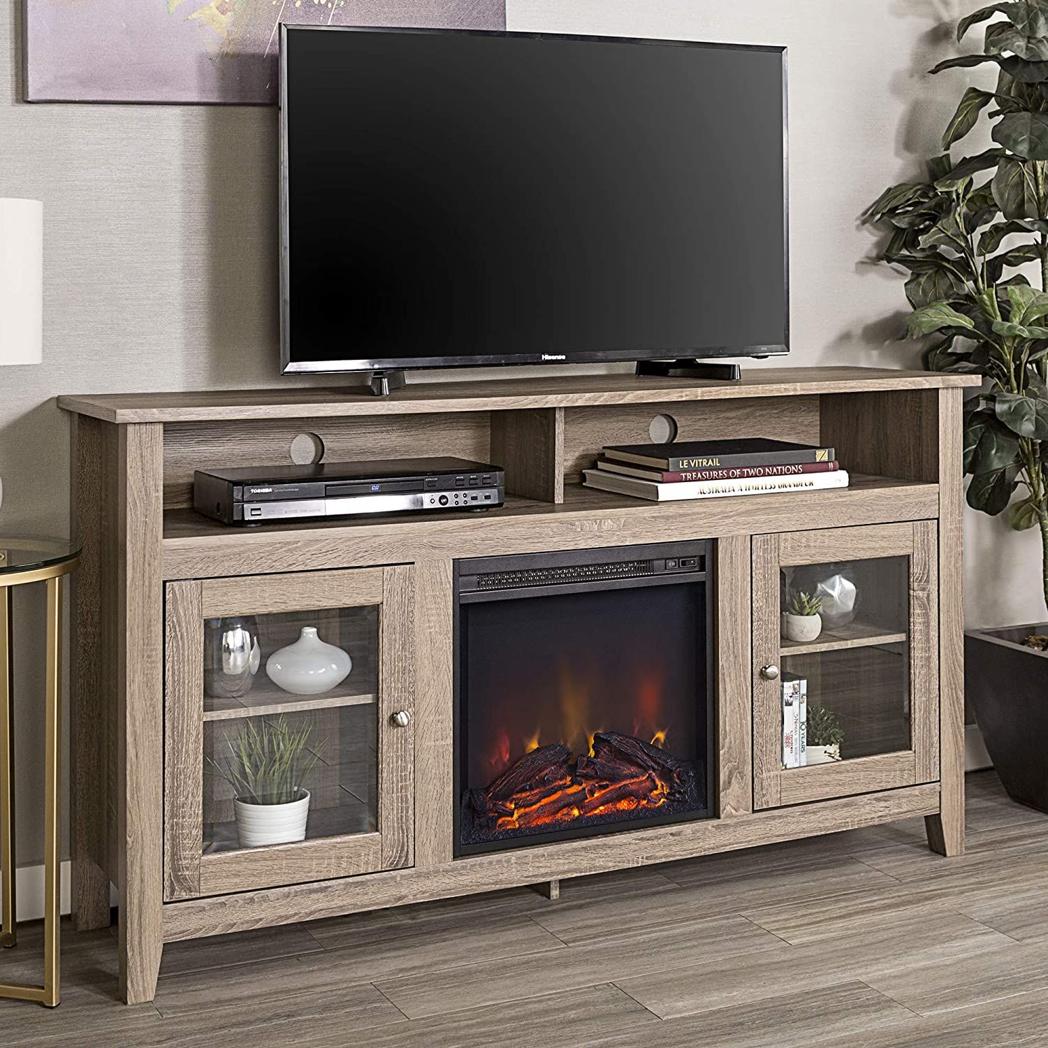 Rustic Wood And Glass Tall Fireplace Stand For Tv's Up To Within Tall Tv Stands For Flat Screen (View 2 of 15)