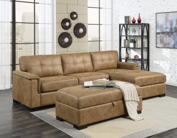 Saddle Brown Faux Leather Sofa Sectional With Chaise In In 3pc Faux Leather Sectional Sofas Brown (View 5 of 15)
