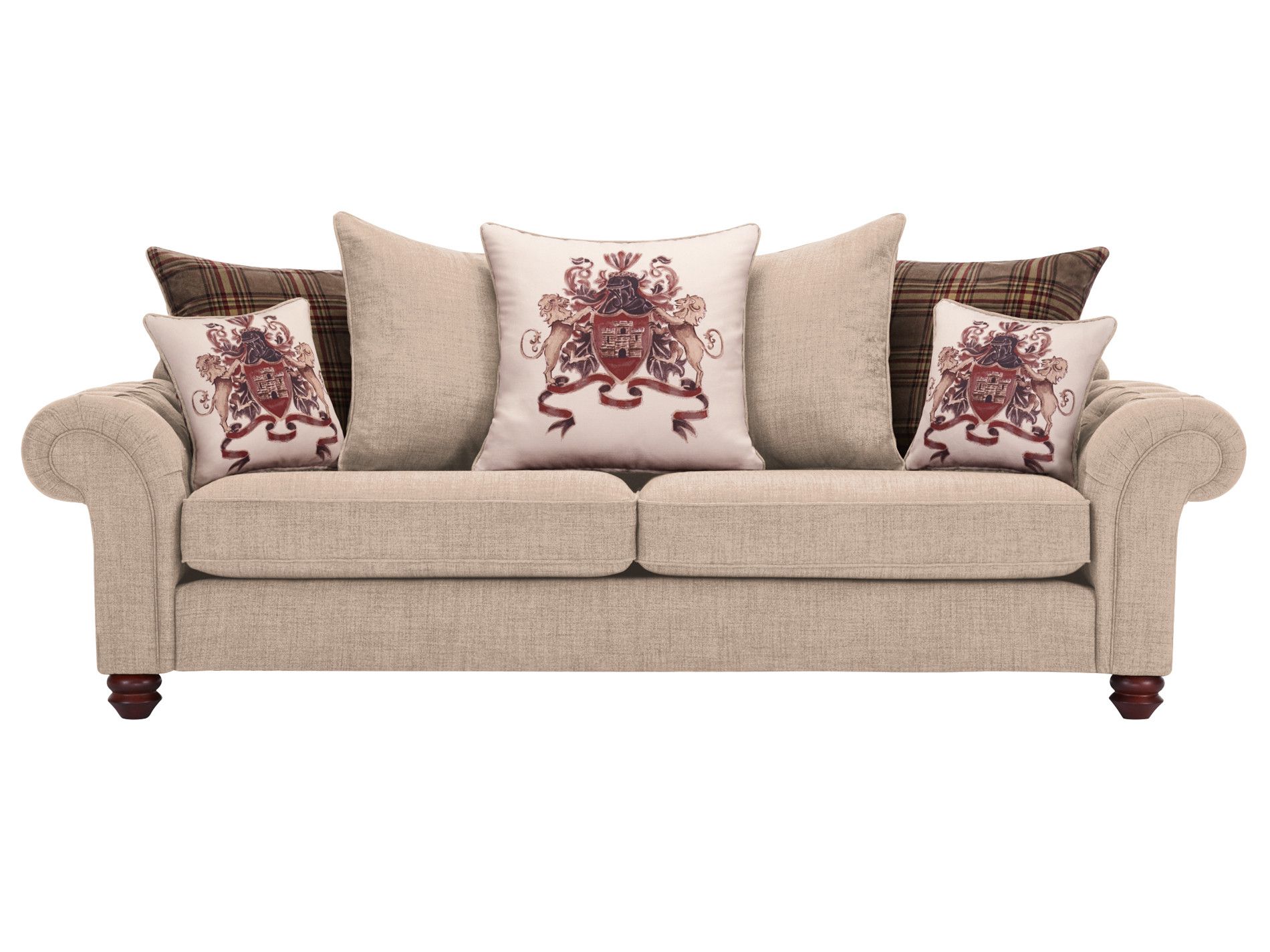 Sandringham 4 Seater Pillow Back Sofa In Beige With Brown For Lyvia Pillowback Sofa Sectional Sofas (View 9 of 15)