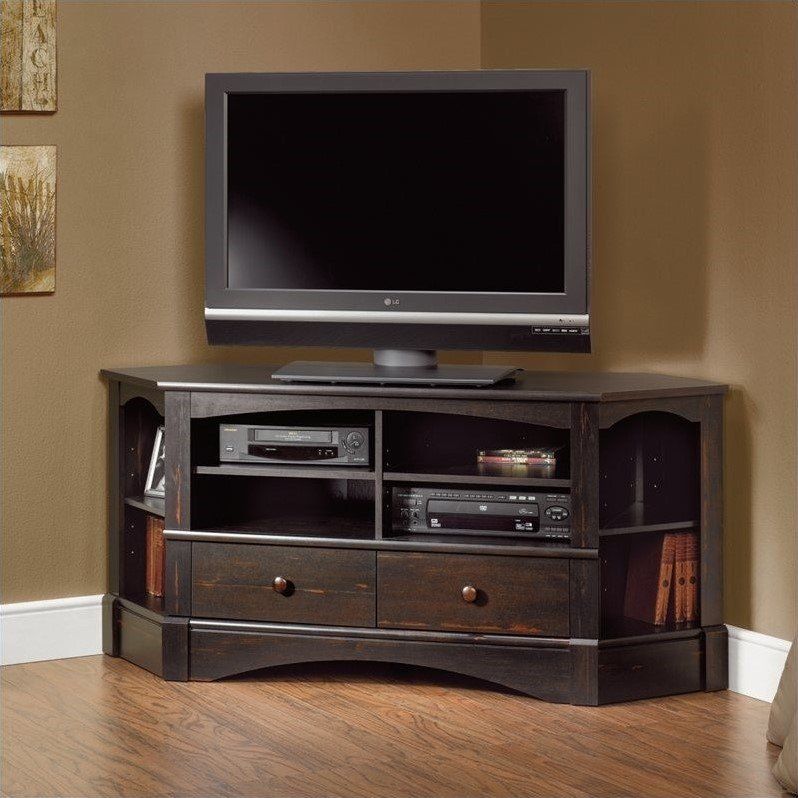 Sauder Harbor View Corner Tv Stand In Antiqued Black – 402902 Throughout Black Corner Tv Cabinets With Glass Doors (View 2 of 15)
