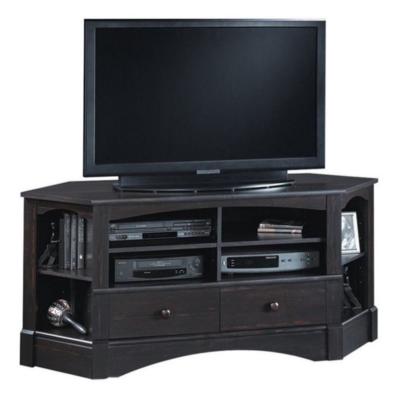 Sauder Harbor View Corner Tv Stand In Antiqued Black – 402902 Throughout Harbor Wide Tv Stands (View 13 of 15)