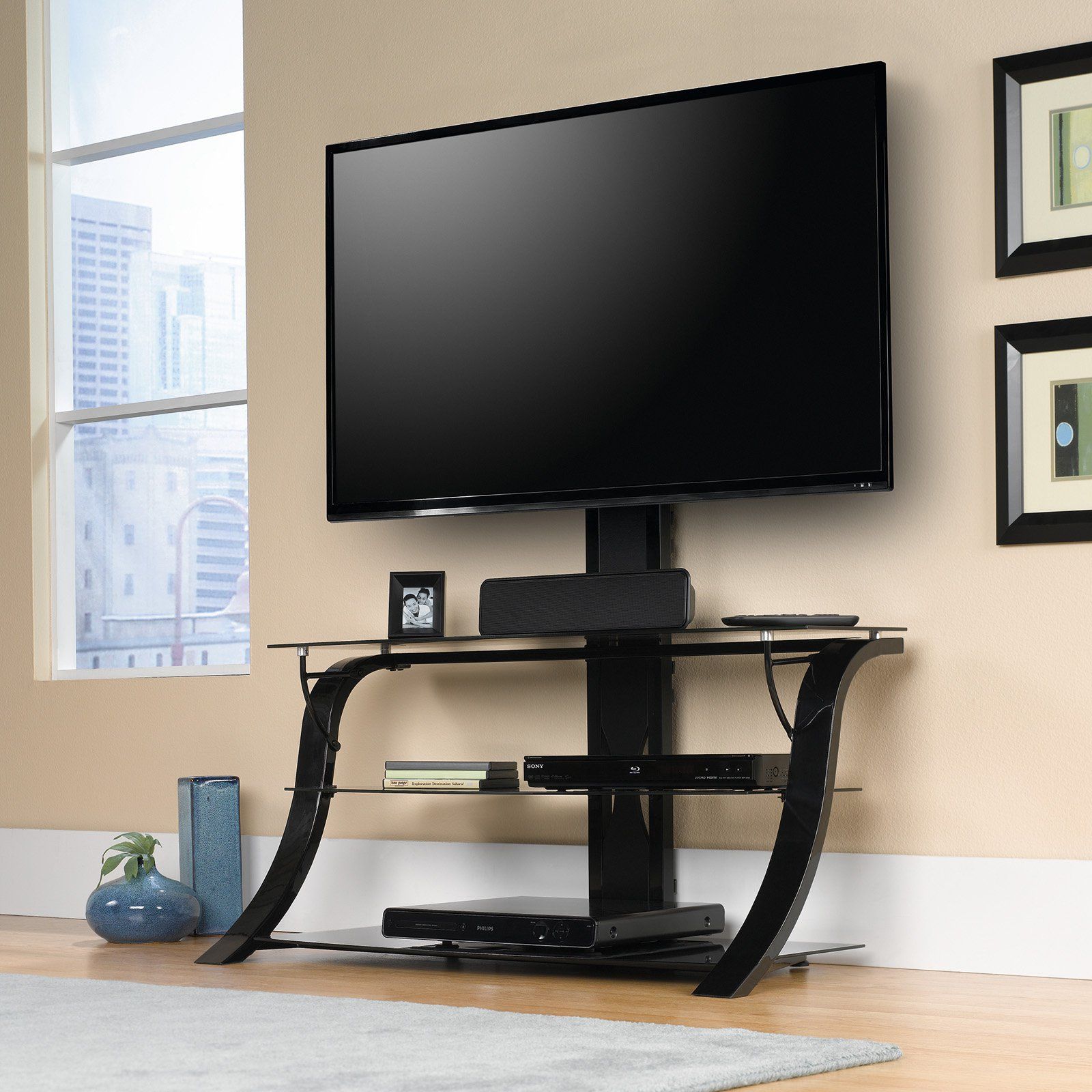 Sauder Panel Tv Stand With Mount For Tvs Up To 50", Black With Regard To Edgeware Black Tv Stands (View 15 of 15)