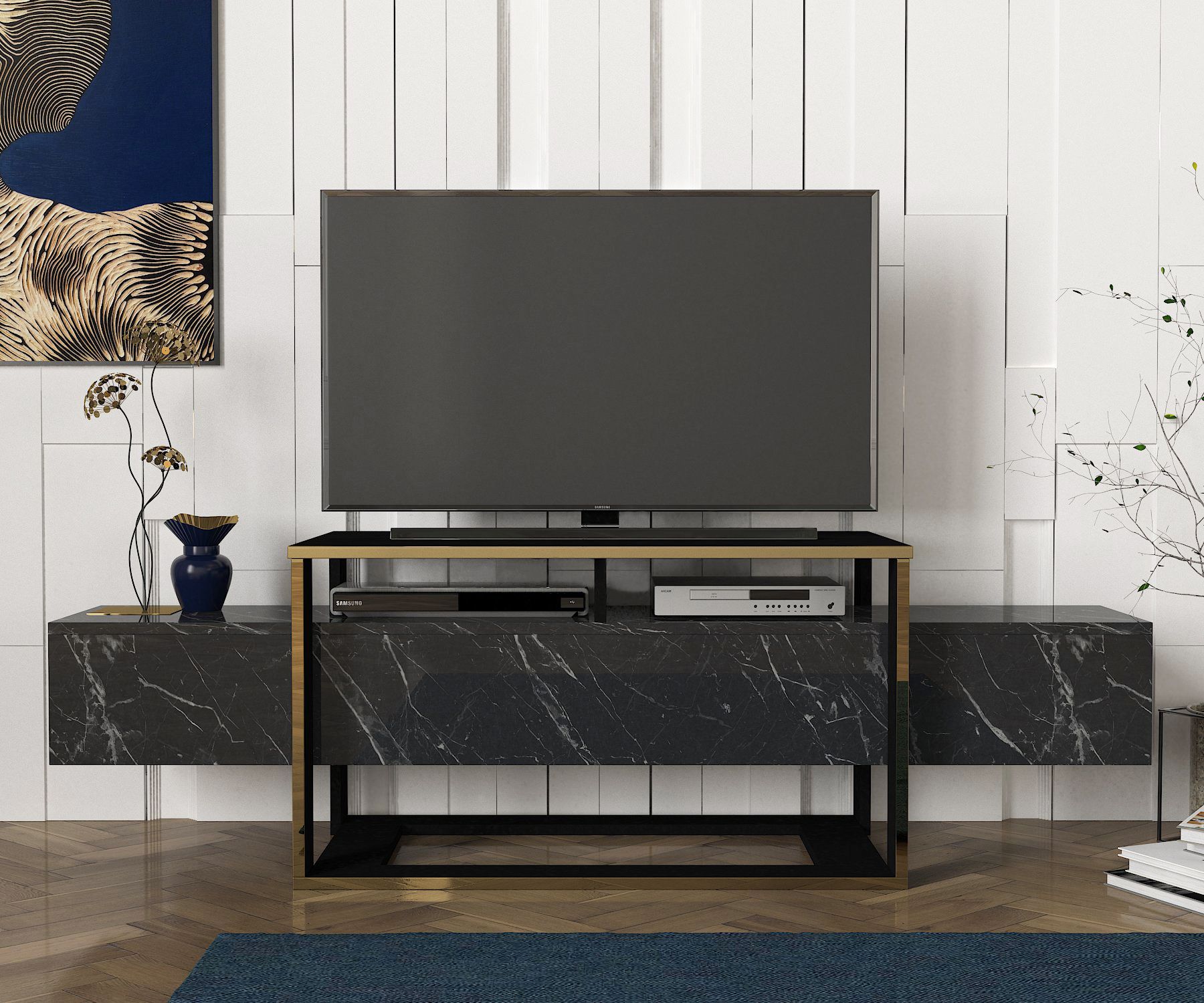 Sayre Bianco Unique Tv Stand, Black Marble Shelf Design Intended For Unusual Tv Cabinets (Photo 4 of 15)
