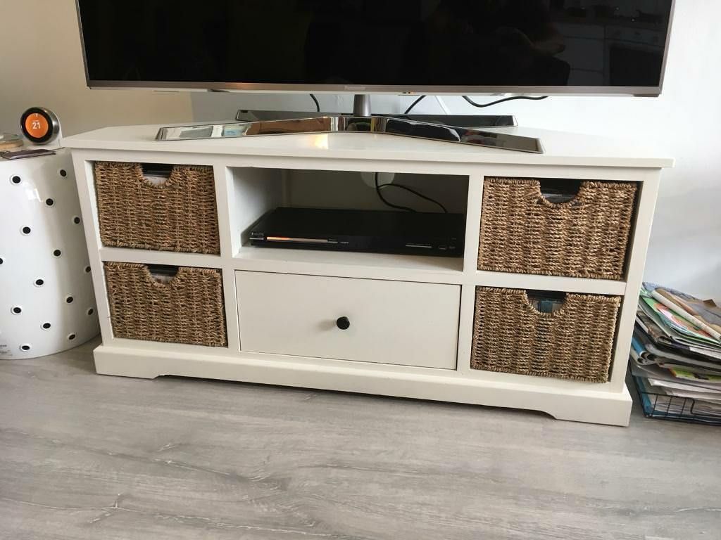 Shabby Chic Corner Tv Stand Off White With Baskets | In Throughout Shabby Chic Tv Cabinets (View 10 of 15)