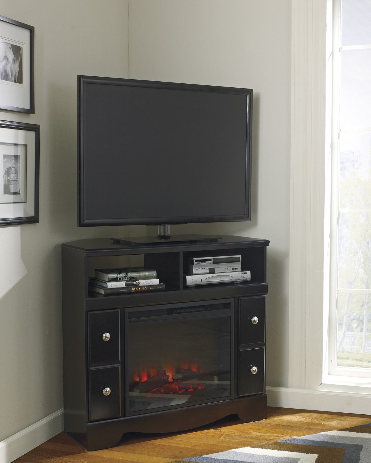 Shay Corner Tv Stand With Fireplace Insert In Black W271 Inside Corner Tv Stands (View 12 of 15)
