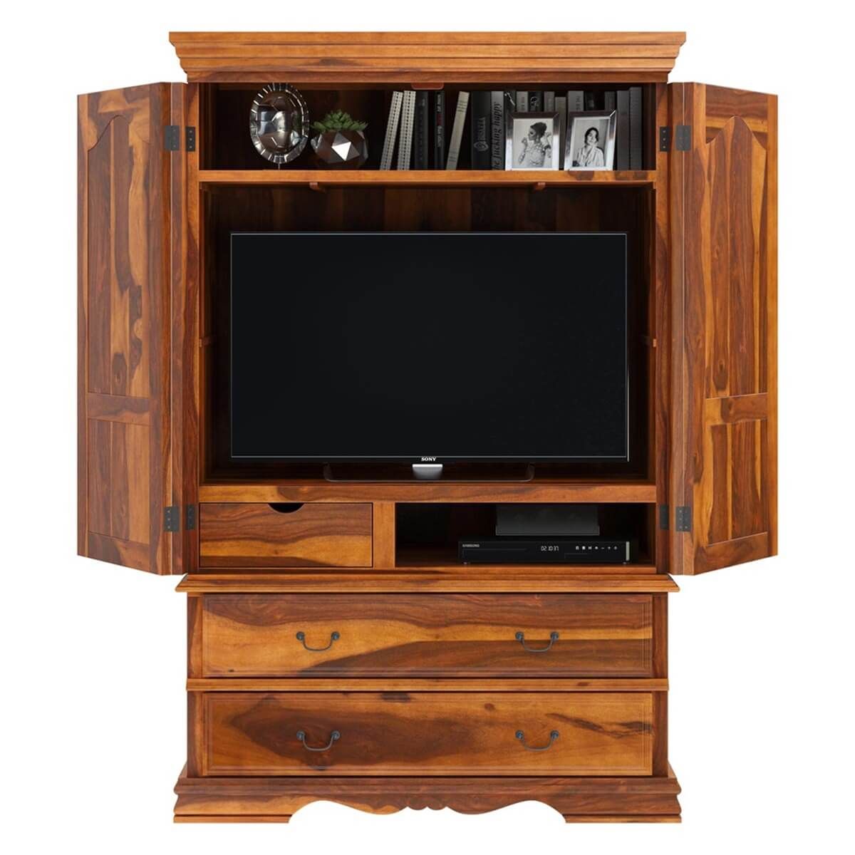 Shelburne Rustic Solid Wood Large Tv Armoire Cabinet With Pertaining To Large Tv Cabinets (Photo 11 of 15)