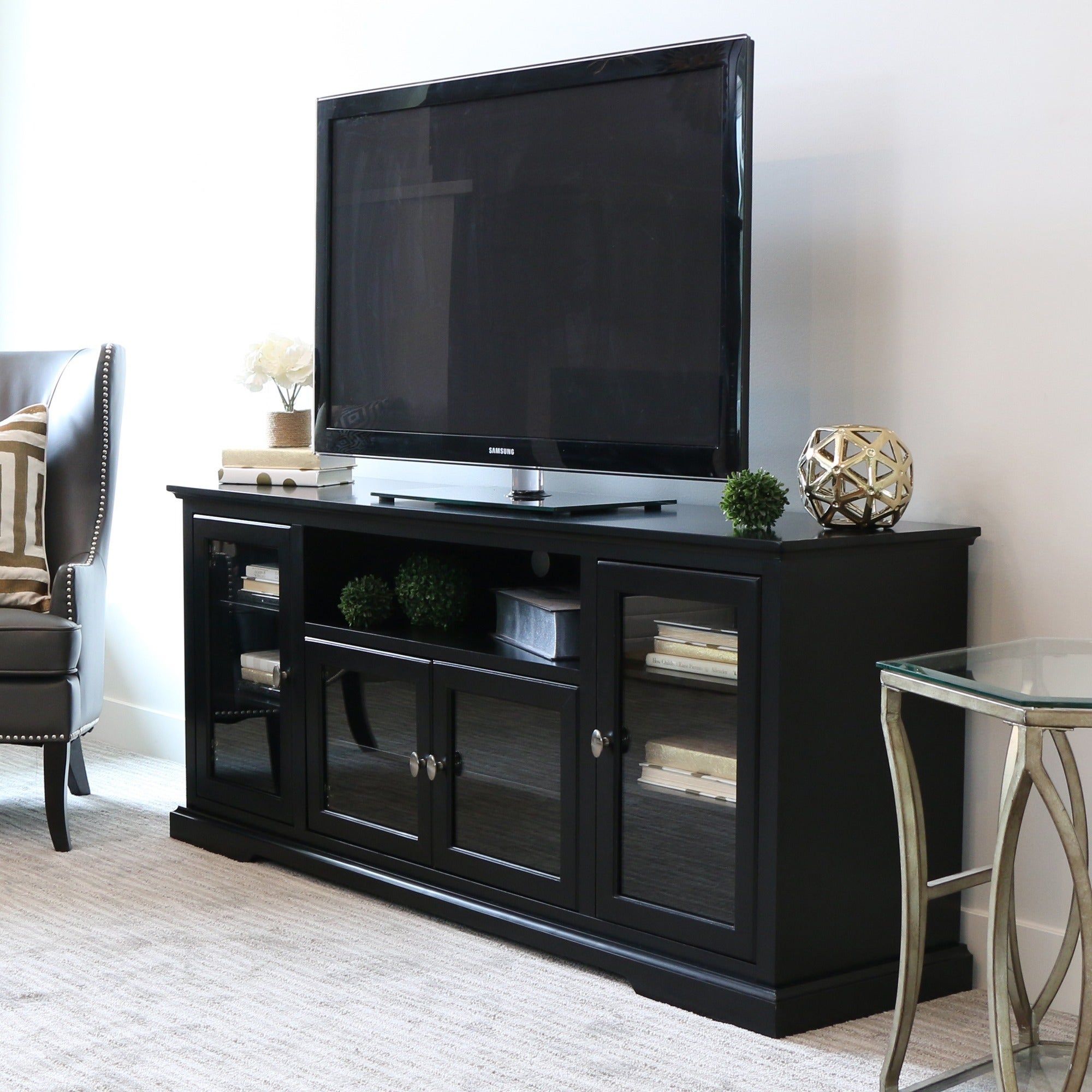 Shop 70 Inch Black Wood Highboy Tv Stand – Free Shipping For Glass Tv Cabinets With Doors (View 2 of 15)
